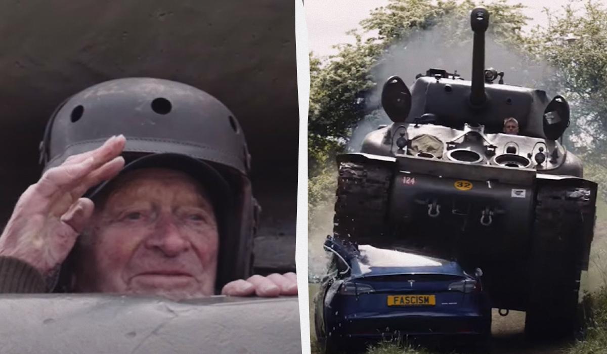 "Есть послание к Маску": 98-летний ветеран эффектно раздавил Tesla танком (Видео)