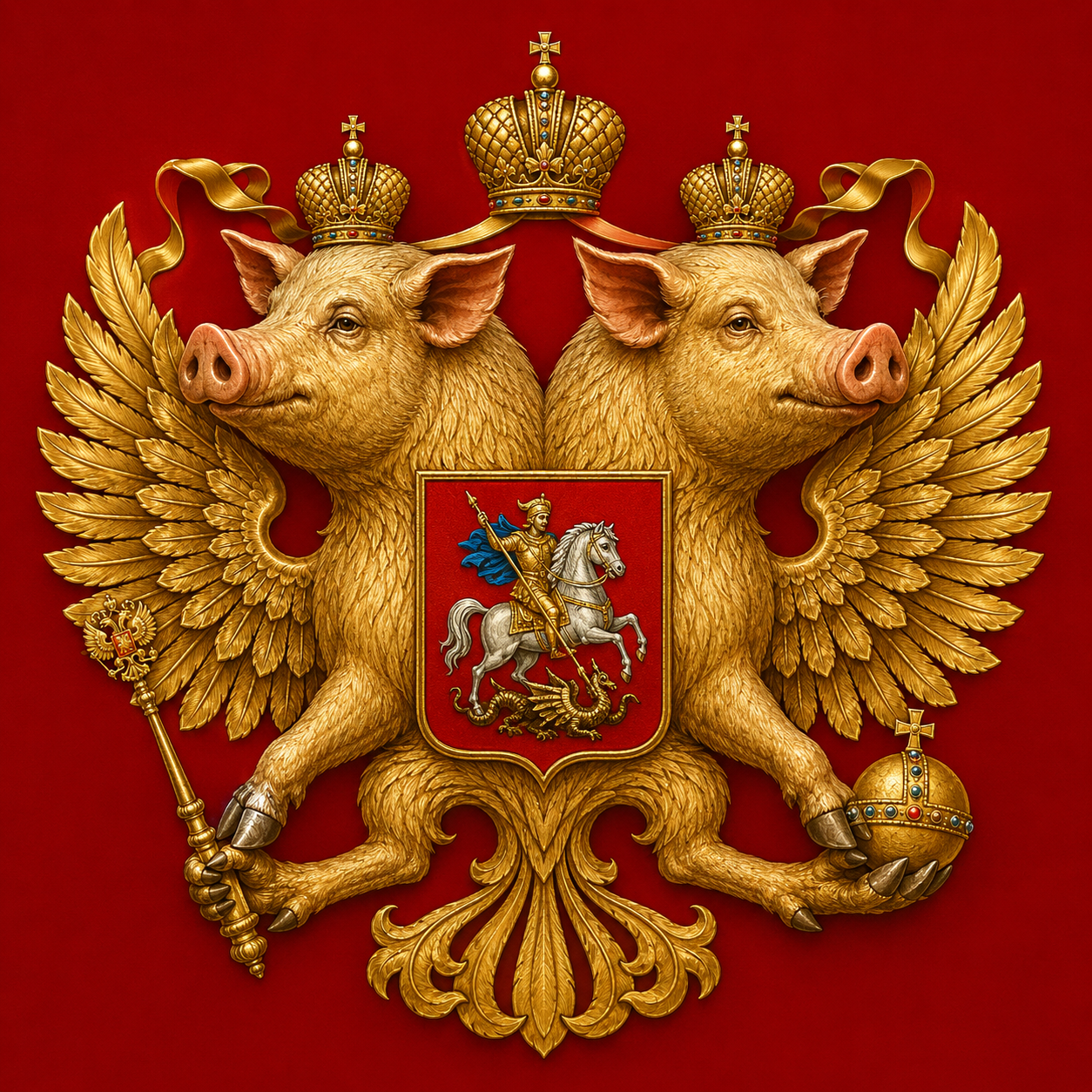 Путин окажется сшитым из фрагментов карликовых свинок, а орел в гербе РФ сменится на двуглавую свинью